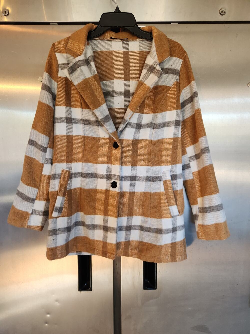 PrettyGarden Chic Womens Plaid Shacket M Tan Brown Button Front Shirt Jacket